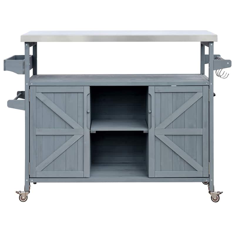 Outdoor Kitchen Island, Rolling Bar Cart & Grill Table, Outdoor Solid Wood Storage Cabinet with Stainless Steel Top for BBQ