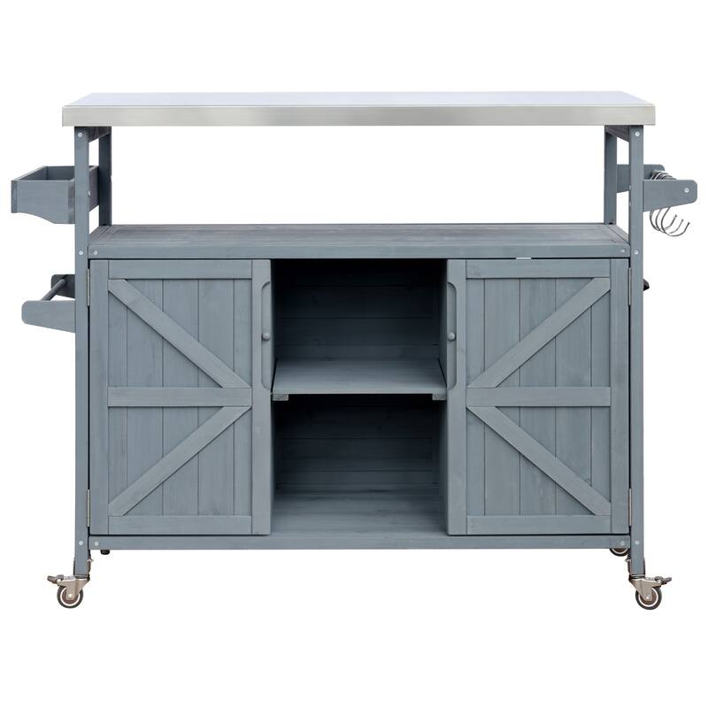 Outdoor Kitchen Island, Rolling Bar Cart & Storage Cabinet, Solid Wood Outdoor Grill Table with Stainless Steel Top