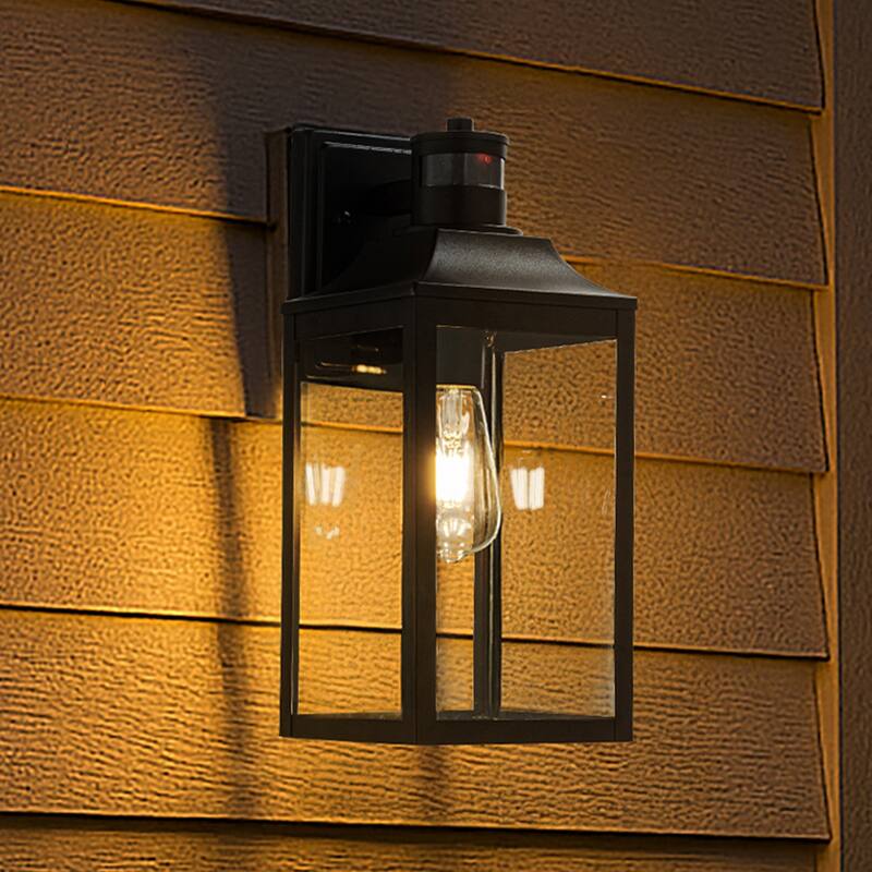 1 Light H16 in. Farmhouse Outdoor Wall Lantern wiht Motion Sensor in Matte Black Modern Exterior Wall Sconce with Clear Glass