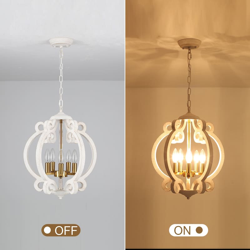 15.75“ 5-Light Rustic Pendant Light, Wood Ceiling Light Farmhouse Shabby Chic Chandelier, Classic Semi Flush Mount Chandelier