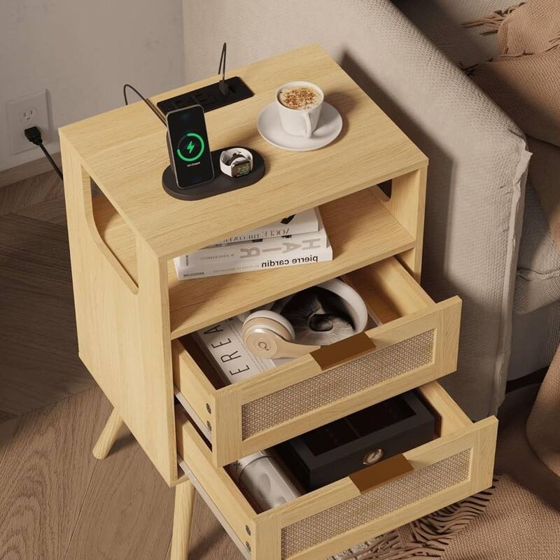 Rattan Nightstand with Chargers, Modern Nightstand with 2 Storage Drawers and Open Wooden Shelf