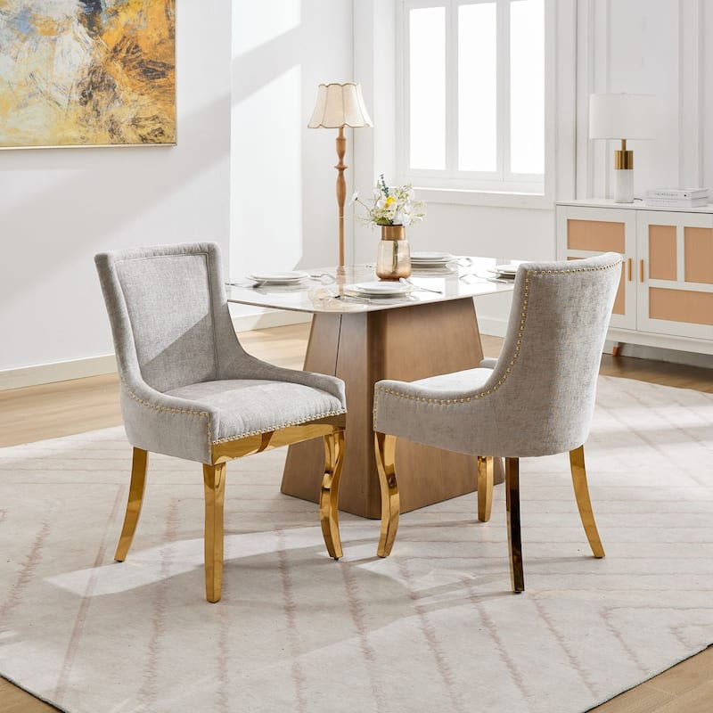 Chenille Dining Chairs, with Curved Gold - Plated Legs & Rivet Trim, Accent Seating with Textured Fabric, Set of 2 - Beige