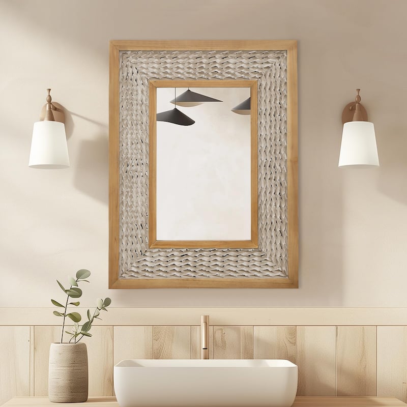 Rustic Farmhouse Wall Mirror, Natural Wood Decorative Vanity Mirror for Bedroom, Living Room, Bathroom, Entryway