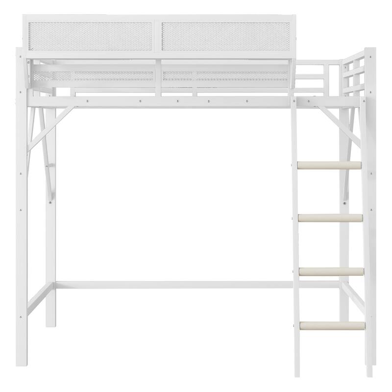 Heavy Duty Metal Loft Bed Frame with Guardrails and Storage Shelves