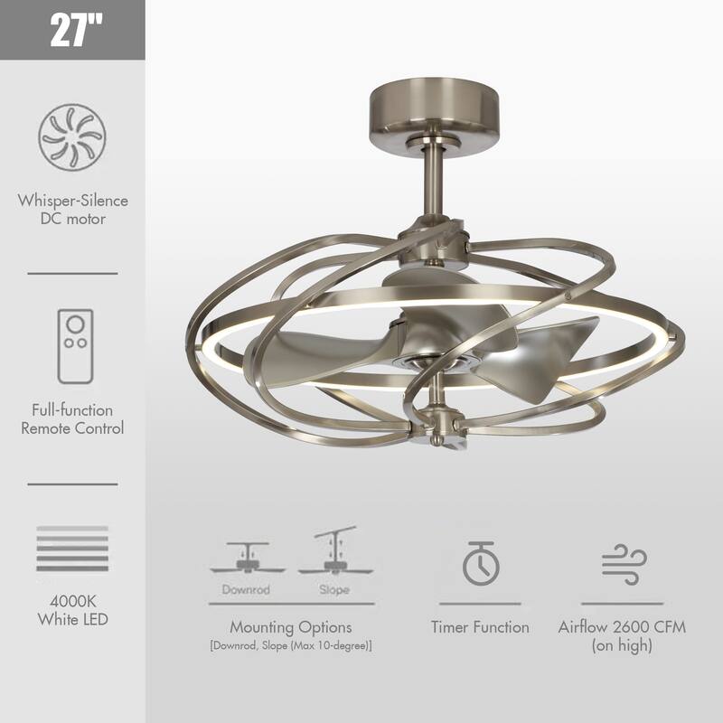 27-inch Satin Nickel 3-Blade Chandelier LED Ceiling Fan with Remote