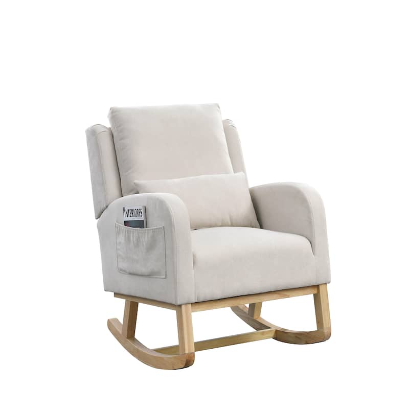 Modern 27.5" High Back Upholstered Rocking Chair with Lumbar Pillow and Two Side Pockets