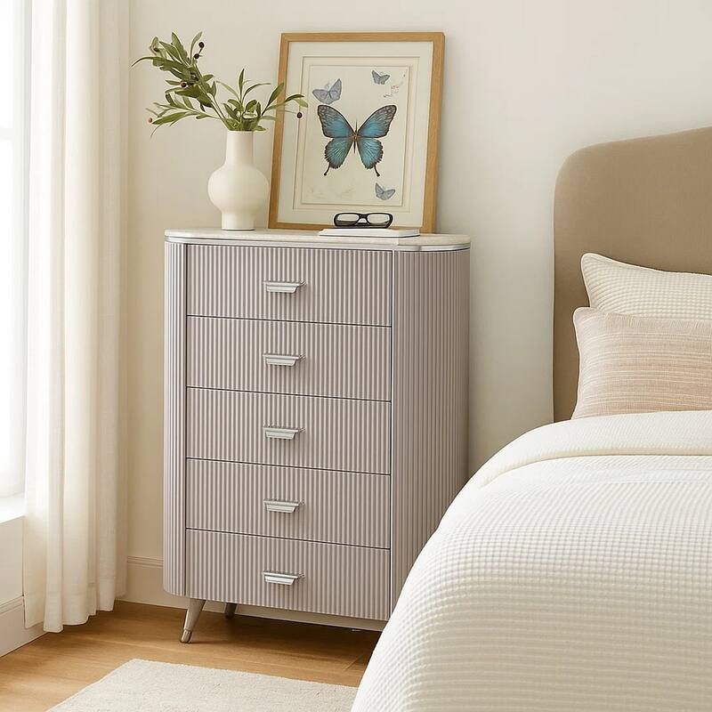 Gema Tall Dresser Chest, 5 Drawers with Cultured Stone Top, Light Gray