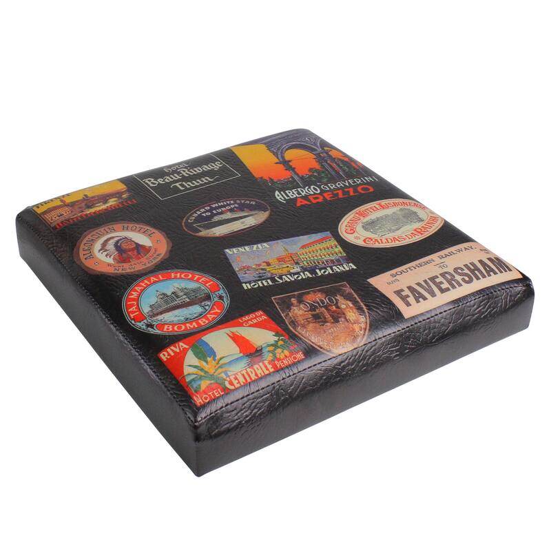 15"Brown Travel Stickers Collapsible Wooden Storage Ottoman