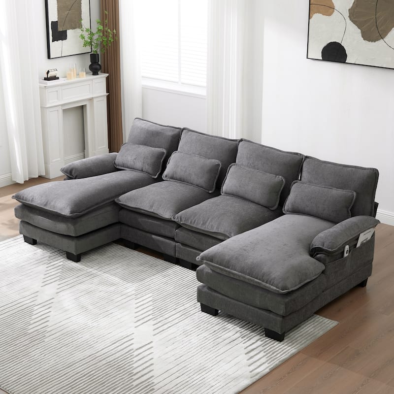 HOMEFUN Chenille Upholstered U-Shaped Modular Wood Frame Sleeper Sectional Sofa with Double Chaise - Grey