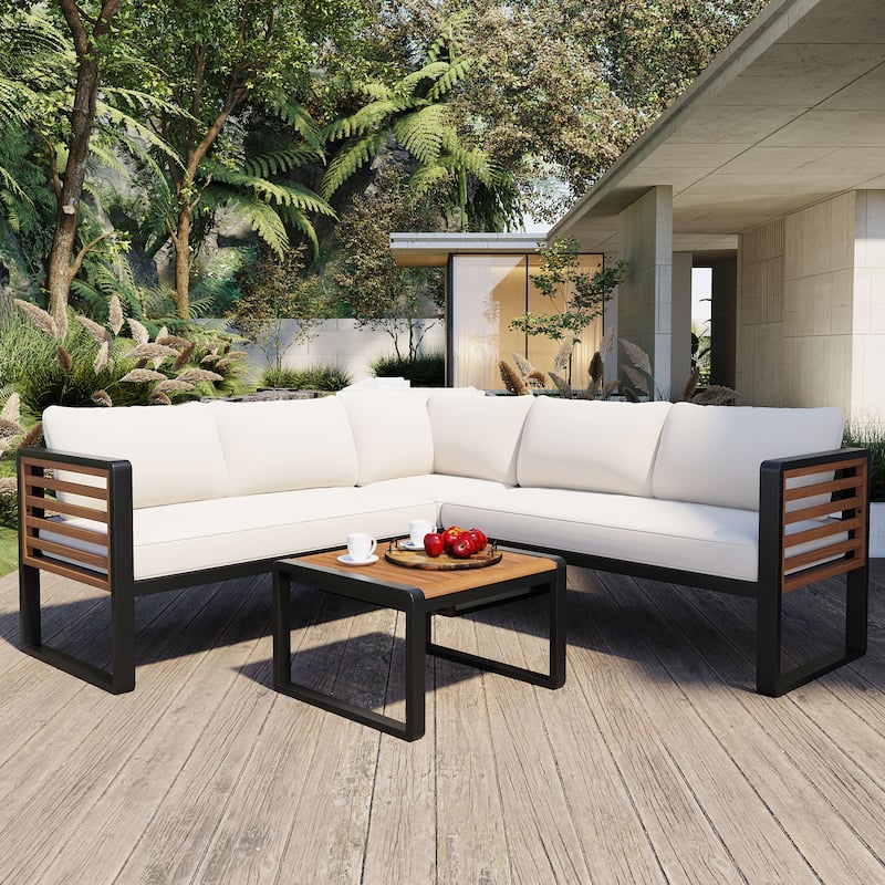 4 Pieces Outdoor Patio L-shaped Sofa Conservation Set w/ Soft Cushion & a Coffee for Garden, Backyard, Porch & Deck, Beige - Beige