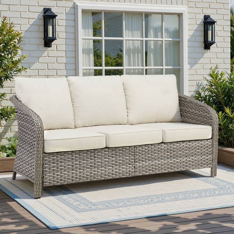 Pocassy Outdoor Patio Wicker Sofa Chair Furniture Set - Light Grey Wicker Beige Cushion - Only Sofa