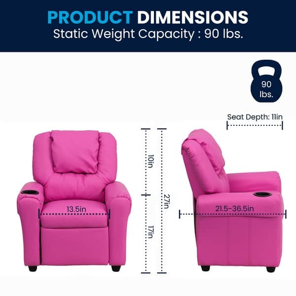dimension image slide 8 of 10, Contemporary Kids Recliner with Cup Holder and Headrest - 24"W x 21.5" - 36.5"D x 27"H