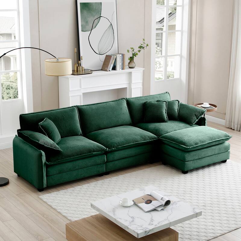 Modern L shaped Modular Sofa with Corduroy Upholstery and Memory Foam Cushions and 1 Footrest for Living Room or Guest Room - Green