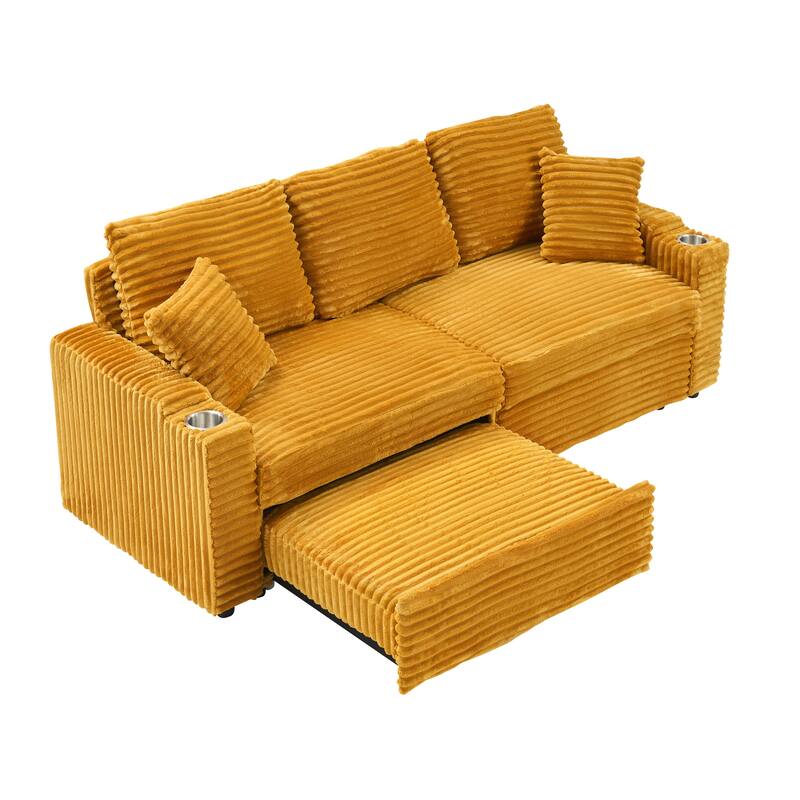 80-inch Orange Corduroy Pull-out Sofa with Foldable Reclining Function