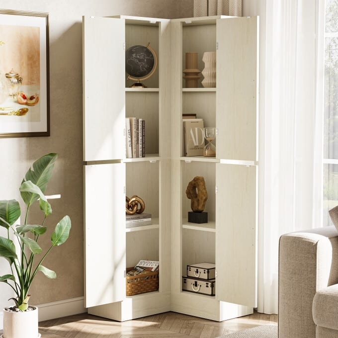 69-Inch L-Shaped Bookcase, White Wooden Corner Cabinet with Doors