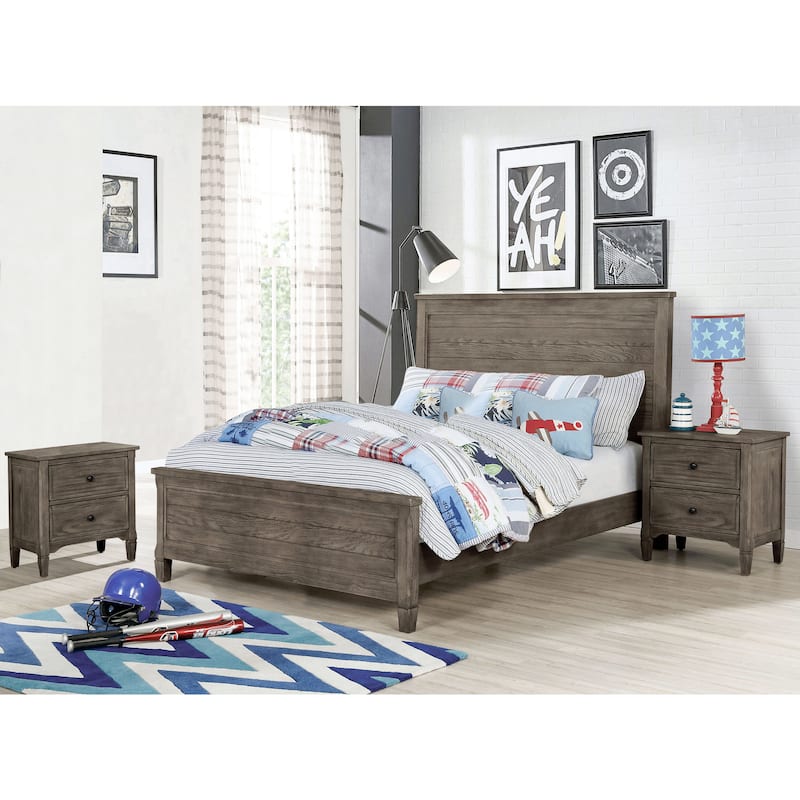 Furniture of America Lanister 3-Piece Wood Wire-Brushed Warm Grey Kids Panel Bed and 2 Nightstands Set - Full