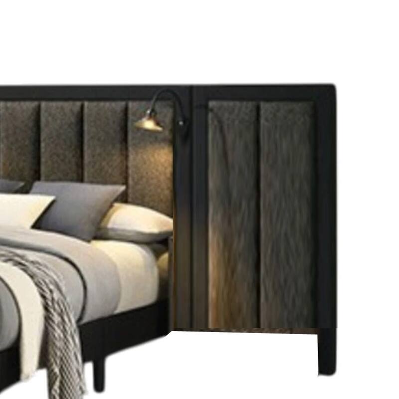 Fel Queen Size Bed, Dark Brown Wood Frame, Upholstered Headboard