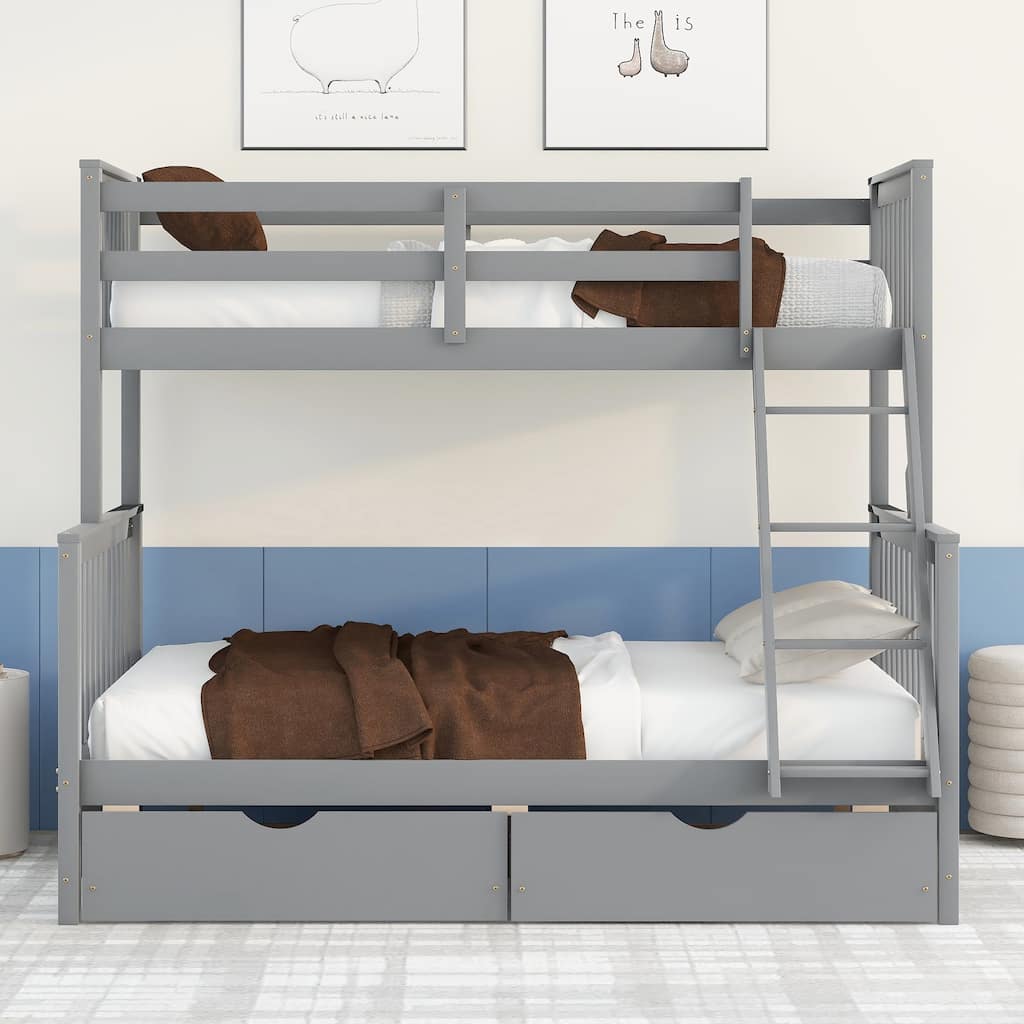 Twin-Over-Full Bunk Bed with 2 Storage Drawers and Ladder, Convertible 2 in 1 Wood Bedframe for Bedroom, Dorm, for Teens, Adults