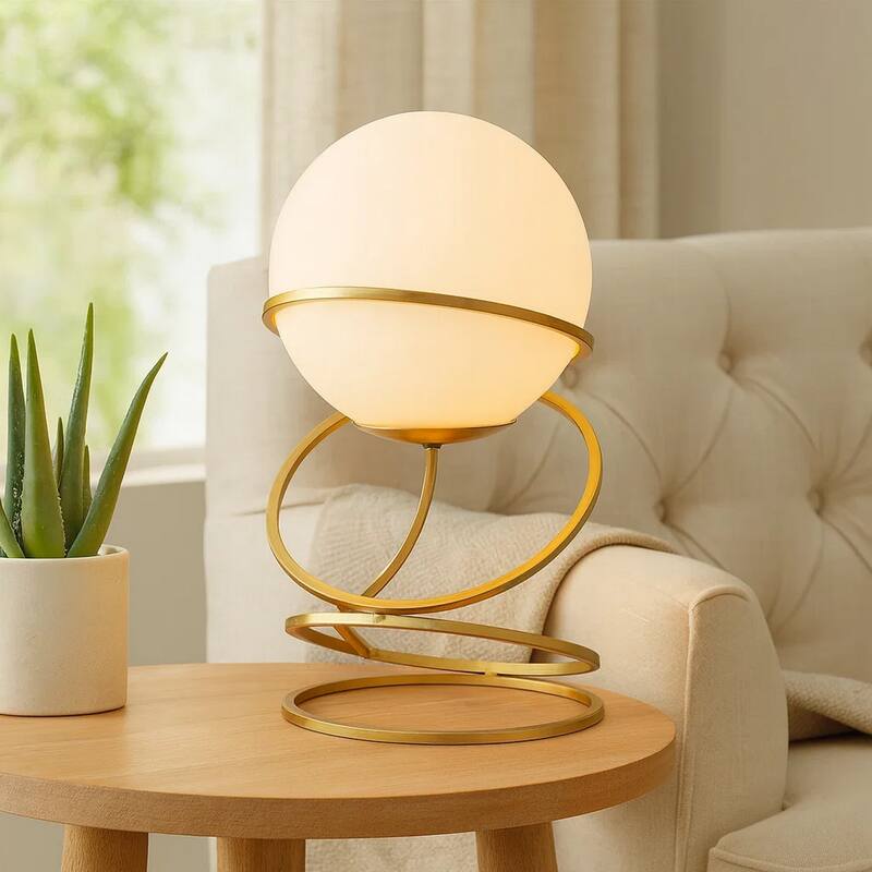 Table Lamp, White Glass Globe, 4 Spiral Ring Accented Base 14 Inch