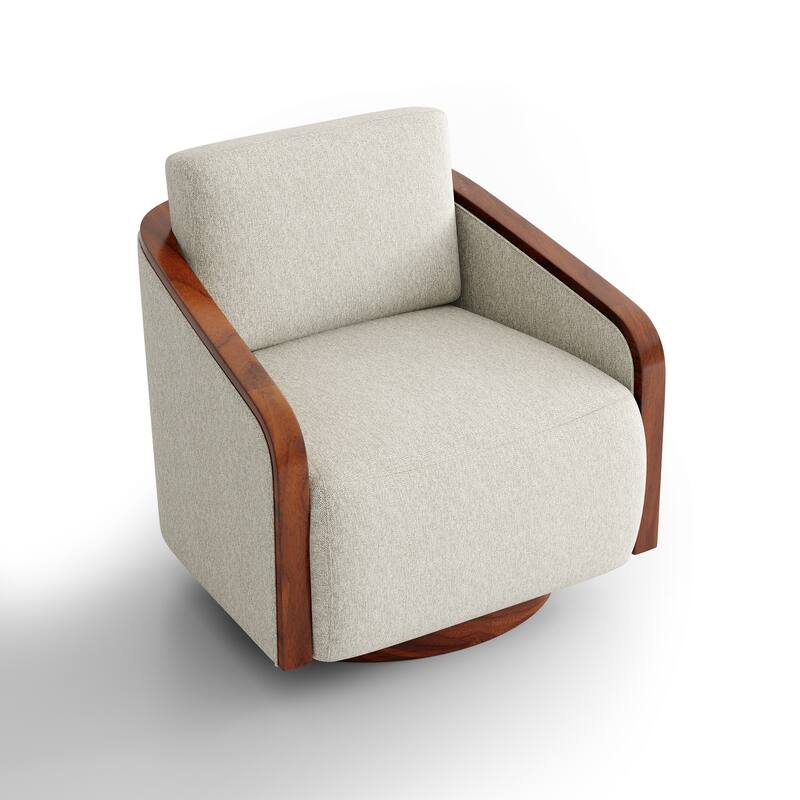 Upholstered Swivel Barrel Chair with Curved Wood Arms