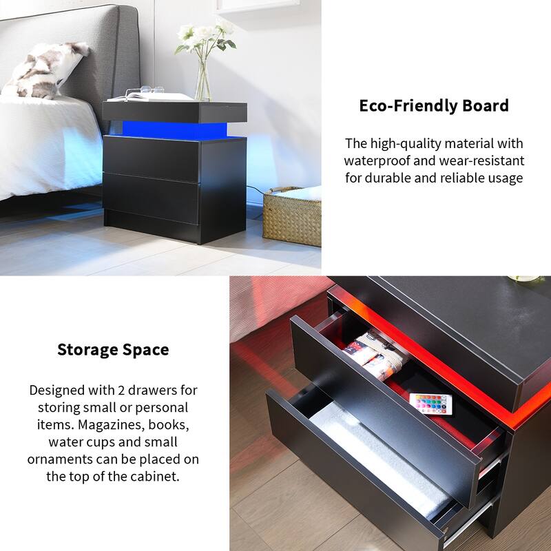Nightstand Table with 2 Drawers, Wooden Cabinet Unit with LED Lights for Bedroom, End Table Side Table for Bedroom Living Room