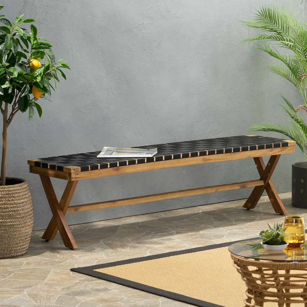 Mallett Outdoor Acacia Wood Bench with Rope Seating by Christopher Knight Home - 61.00" W x 13.75" D x 16.25" H