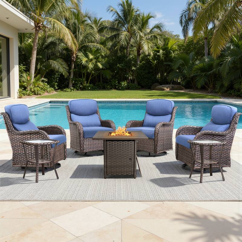 Meyreso 7-Piece Outdoor Patio Wicker Fire Pit 4 person Conversation Set with 5-Inch Thick Cushions