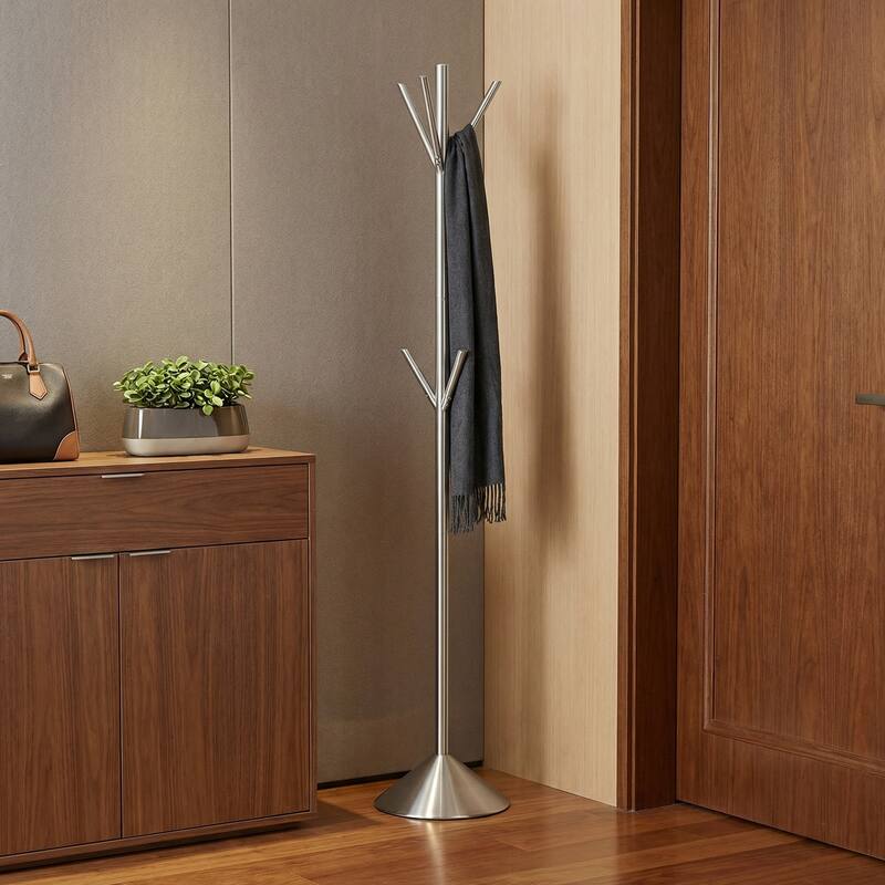 HomeRoots 68" Silver Steel Six Hook Freestanding Coat Rack - 12.00 in. x 68.00 in. x 12.00 in. - 12.00 in. x 68.00 in.  x 12.00 in.