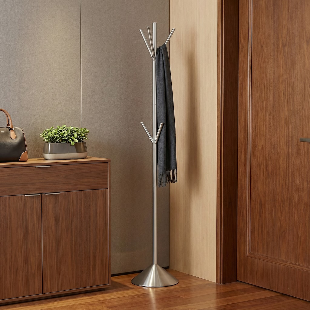 HomeRoots 68" Silver Steel Six Hook Freestanding Coat Rack - 12.00 in. x 68.00 in. x 12.00 in.