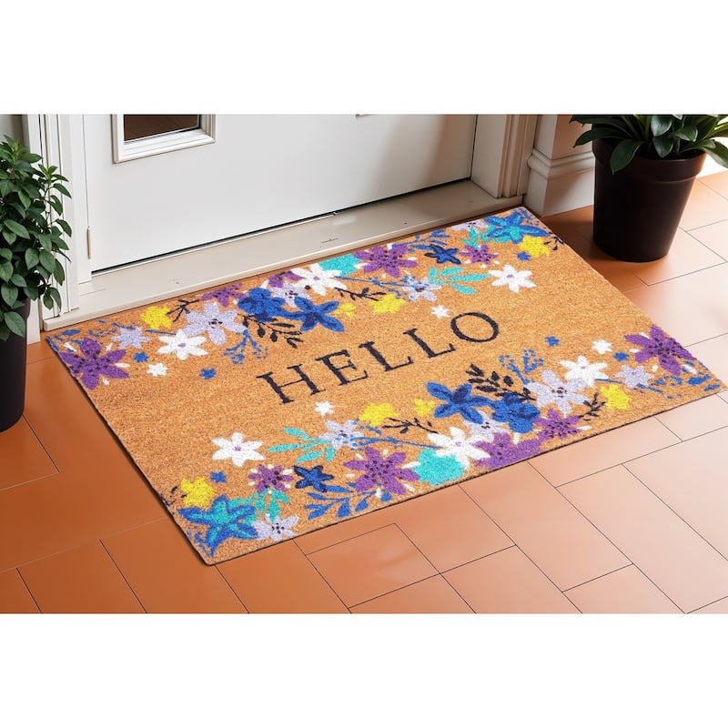 HomeRoots 17" X 29" Natural Blue And Purple Floral Hello Outdoor Coir Door Mat - 17' X '29 - 17' X '29