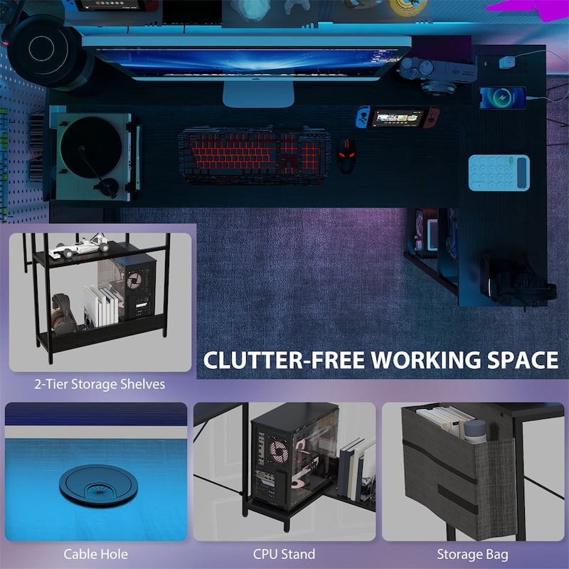 L Shaped Gaming Desk with RGB LED Lights Power Outlets USB Charging Ports Monitor Stand and Storage Shelves Reversible