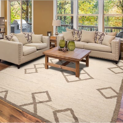 LoomBloom Beige Geometric Hand Woven Flatweave Wool Oriental Area Rug - 9' 5'' x 11' 10''