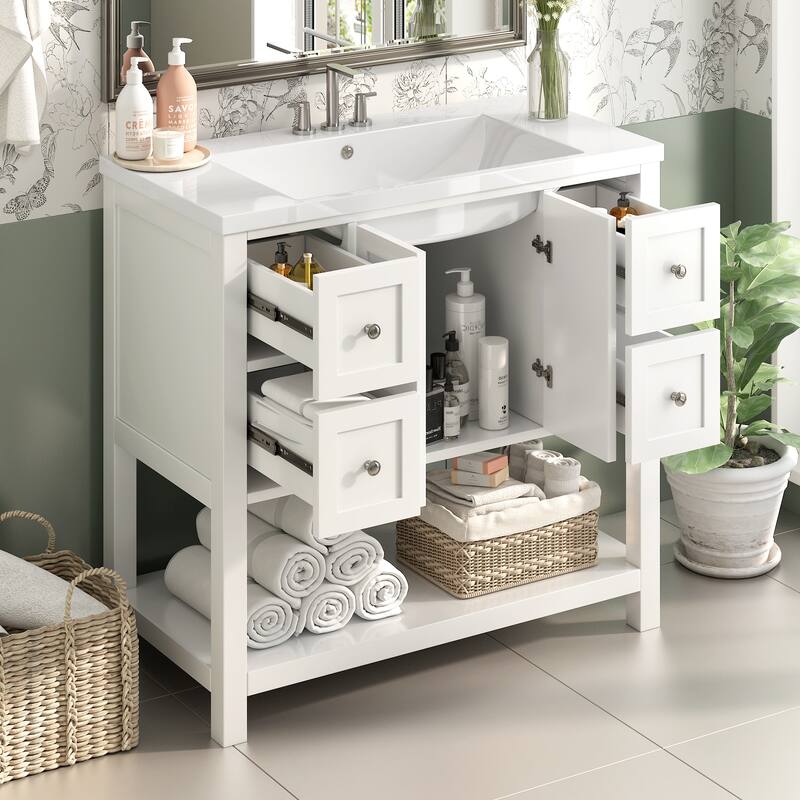 36'' Bathroom Vanity with Resin Sink Top, Free Standing Bathroom Storage Cabinet w/ 4 Drawers, 2 Soft Closing Doors & Open Shelf