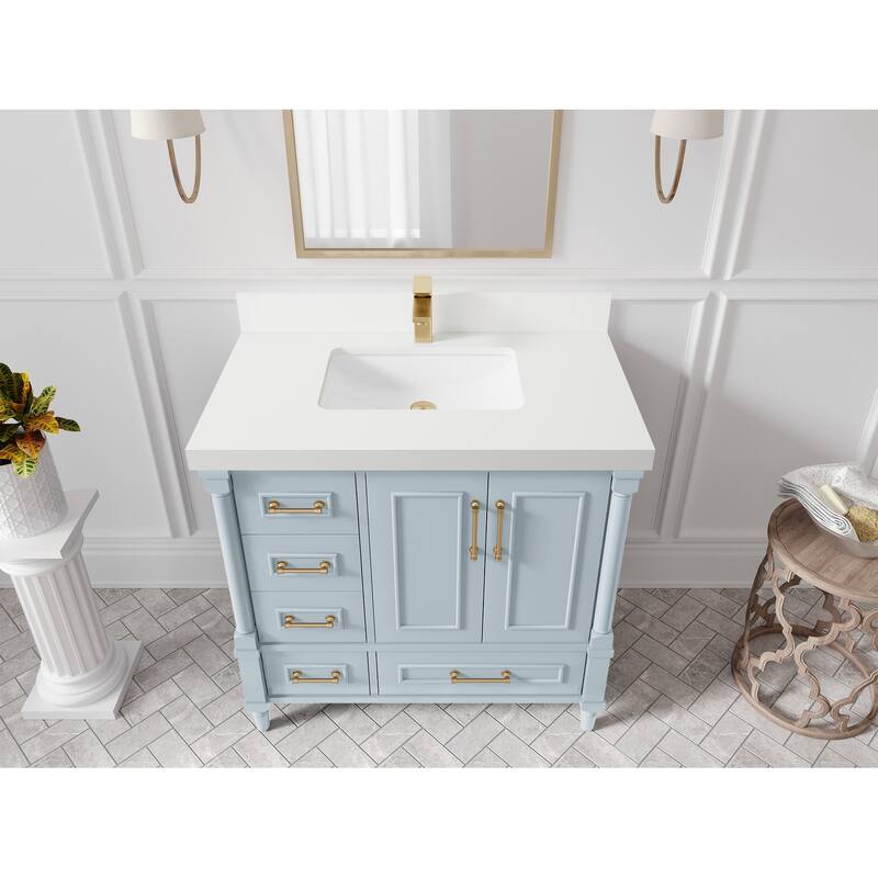 Willow Collections 36 in. W x 22 in. D Aberdeen Center Right Offset Sink Bathroom Vanity with Countertop - 2”White Quartz - Blue Heather