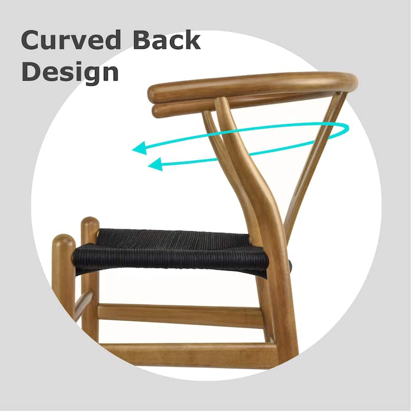 Farmhouse Dining Chairs Organic Round Arms Y-back Wood with Woven Black Seats For Kitchen Hotel Restaurants (Set of 2)