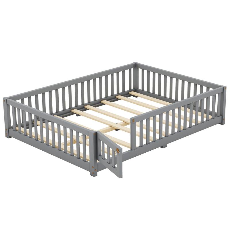 Wood Low Floor Bed Frame with Fence Guardrails,Platform Bed for Kids