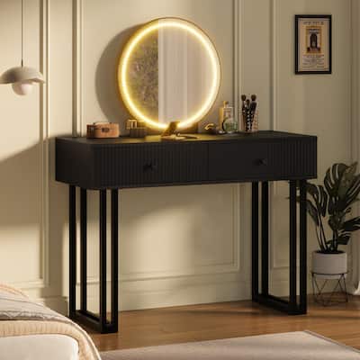 Vanity Desk with Mirror and Lights, Small Makeup Vanity with 2 Drawers, Modern Vanity Organizer with 3 Color Lights