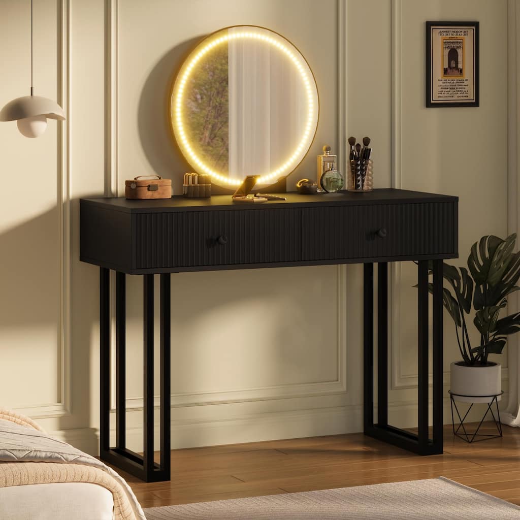 Vanity Desk with Mirror and Lights, Small Makeup Vanity with 2 Drawers, Modern Vanity Organizer with 3 Color Lights
