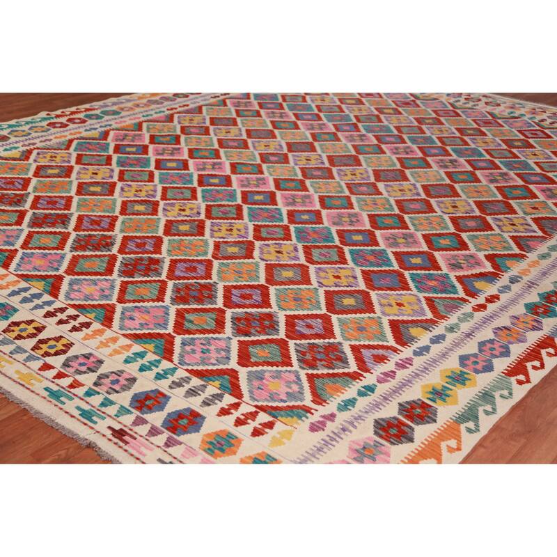 Reversible Trellis Kilim Oriental Area Rug Hand-Woven Wool Carpet - 10'3"x 13'5"