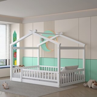 Full Size Wood House Bed Frame with Fence & Roof, Playhouse Style Bed for Kids & Teens, Sturdy Pinewood Construction, White