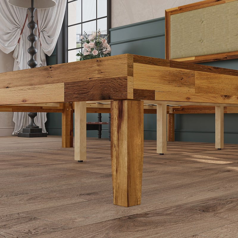 Acacia Wood Platform Bed Frame with Upholstered Headboard - Solid Wood Construction
