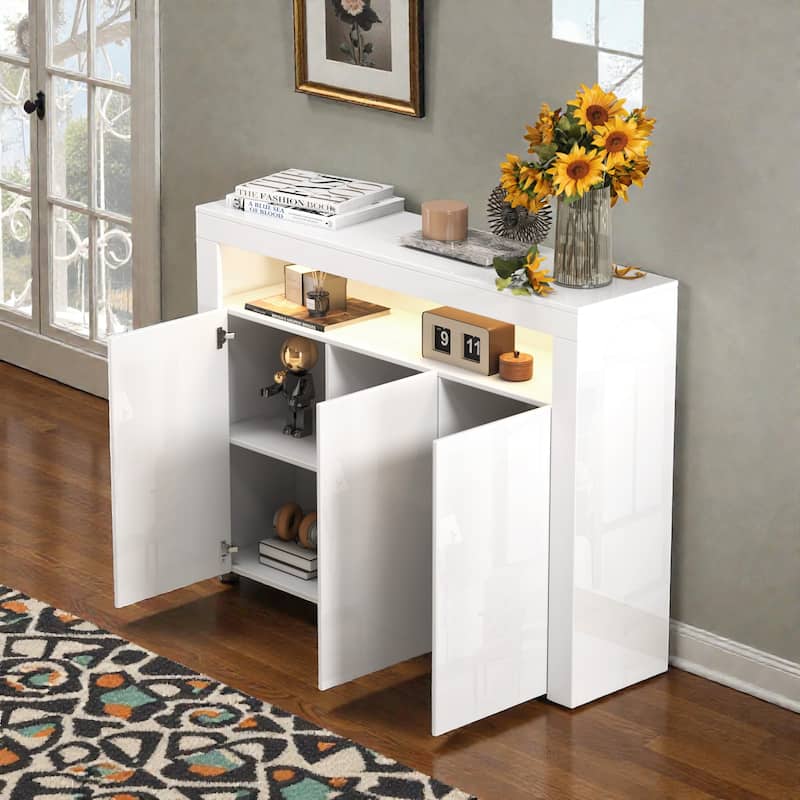 Modern White High Gloss Sideboard with LED Lights, 3 Door Storage Cabinet Buffet TV Stand for Living Room