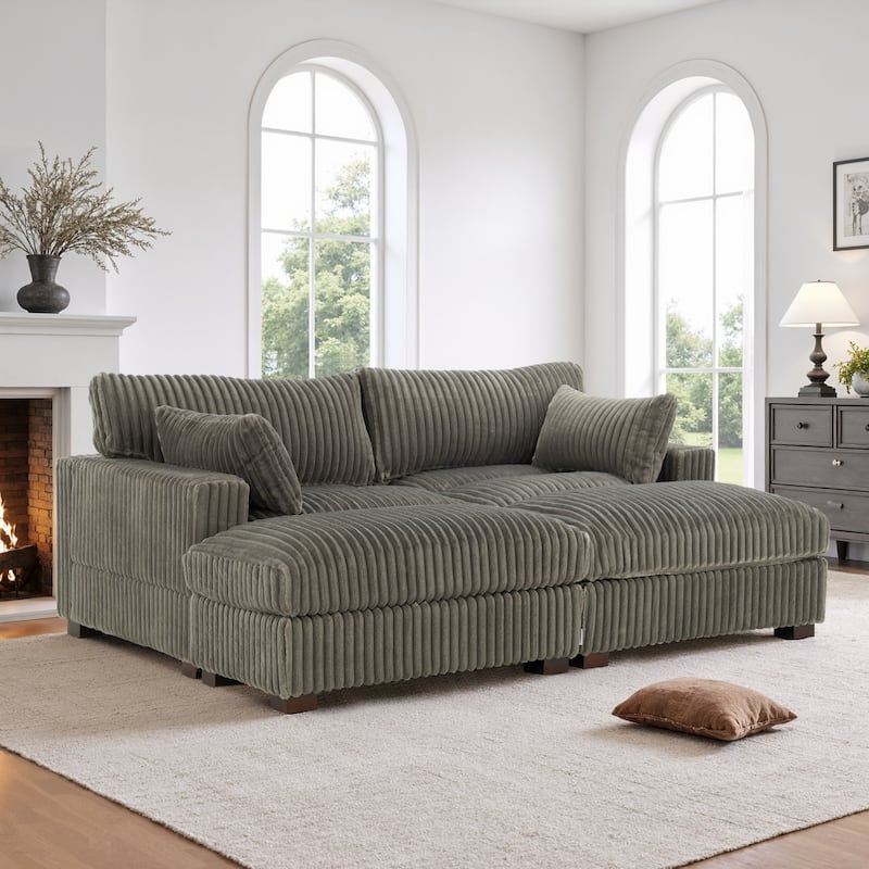 Oversied Plush Corduroy Fabric Modular Sectional Sofa with Chaise, Ottoman - Right Facing - Light Grey-3 Pieces