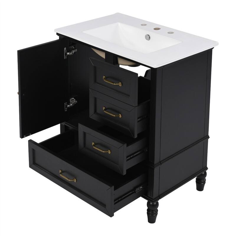 30" Bathroom Vanity with Ceramic Sink Combo, Freestanding Bathroom Vanity Cabinet with 1 Door and 3 Storage Drawers
