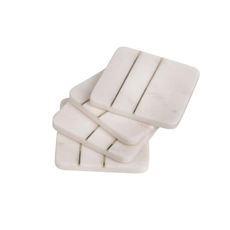 Set of 4 Square Marble w/Brass Coasters Opal White