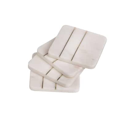 Set of 4 Square Marble w/Brass Coasters Opal White