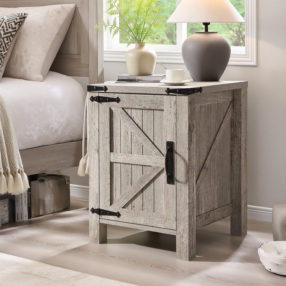 Farmhouse Wood Nightstand with Charging Station, End Table, Side Table
