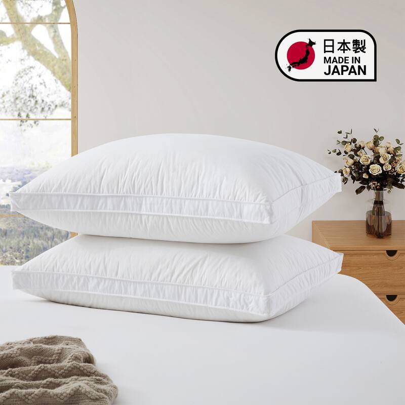 2 Pack 300TC Breathable Cotton Cover Goose Feather Down Pillows Made in Japan