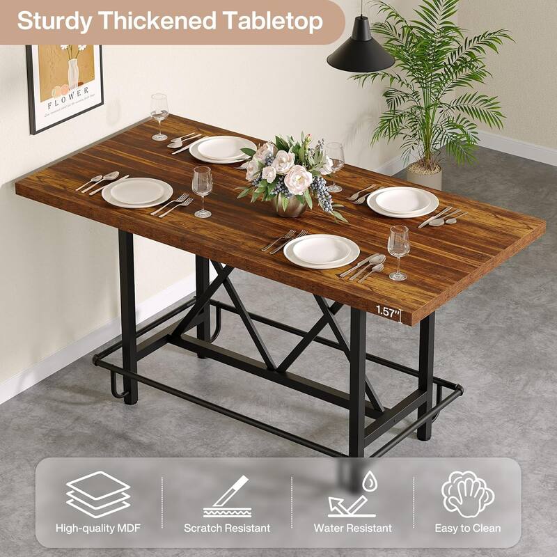 63" Counter Height Dining Table for 6, Industrial Rectangular Bar-Height Table with Sturdy Metal Frame and Footrest