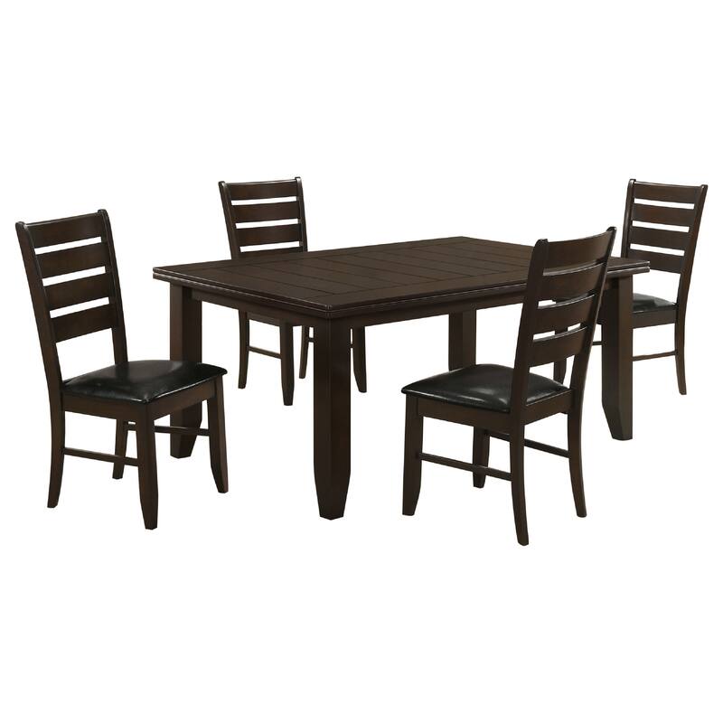 Diyi 5pc Dining Table and 4 Chairs Set w Ladder Back, Brown Faux Leather